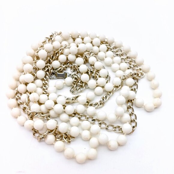 Vintage Double Strand Flapper Necklace, Hong Kong Basic White Beads and Gold - Picture 2 of 4